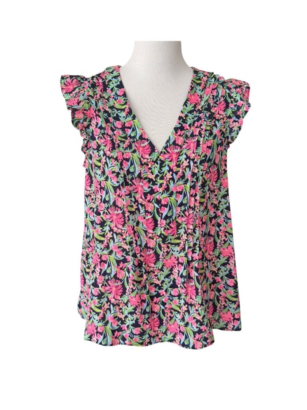 Lilly Pulitzer Joan Top Blouse Low Tide Navy Garden Variety Sz Large Floral NEW